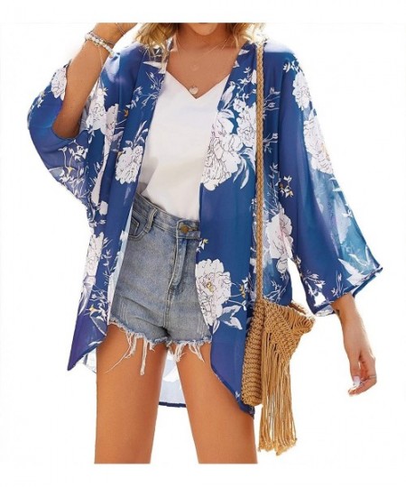 Cover-Ups Womens Floral Chiffon Kimono Cardigans Loose Beach Cover Up Half Sleeve Tops - 0navy+white - CU193AM5C5Y