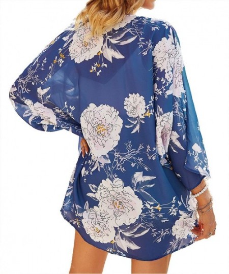 Cover-Ups Womens Floral Chiffon Kimono Cardigans Loose Beach Cover Up Half Sleeve Tops - 0navy+white - CU193AM5C5Y