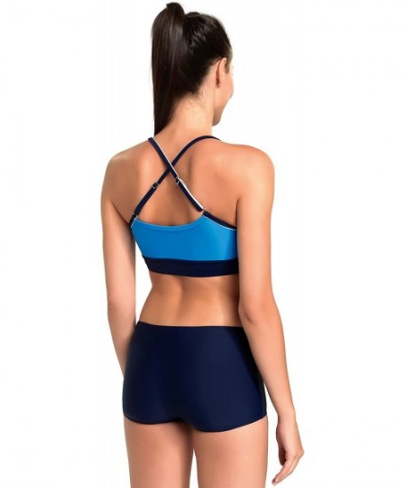 Sets Women's Athletic Two Piece Swimsuit Workout Bikini Set with Sport Bra and Boyshort - Navi/Blue - CP12117SDLF