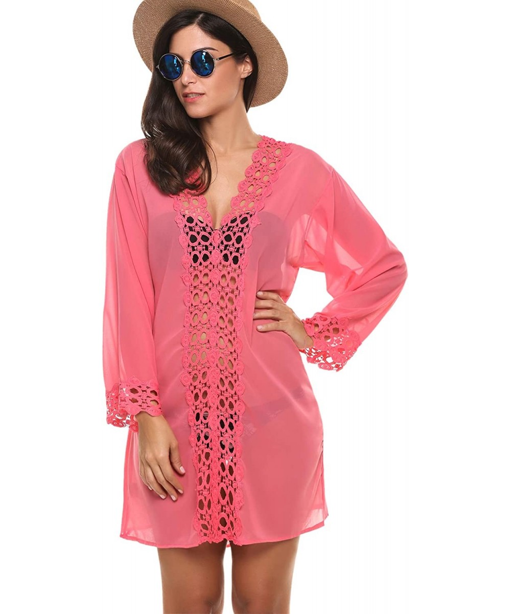 Cover-Ups Women's Bathing Suits Cover-Ups Chiffon Blouse Beachwear Bikini Swimsuit - Pink - C618MH2NDQN