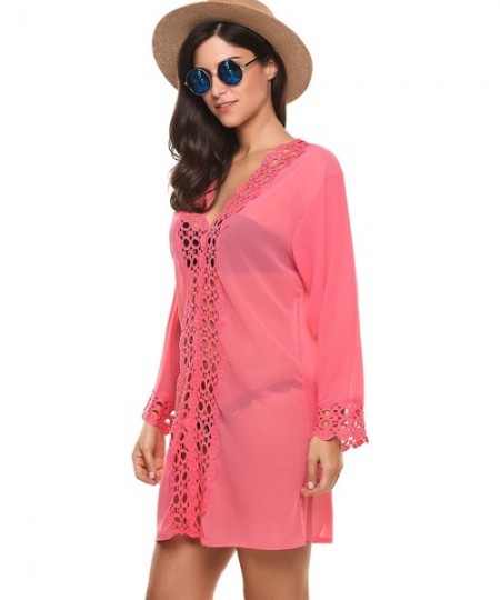 Cover-Ups Women's Bathing Suits Cover-Ups Chiffon Blouse Beachwear Bikini Swimsuit - Pink - C618MH2NDQN