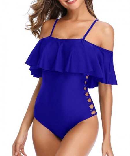 One-Pieces Off The Shoulder One Piece Swimsuits for Women Junior Flounce Bathing Suits Tummy Control Swimwear - Royal Blue - ...