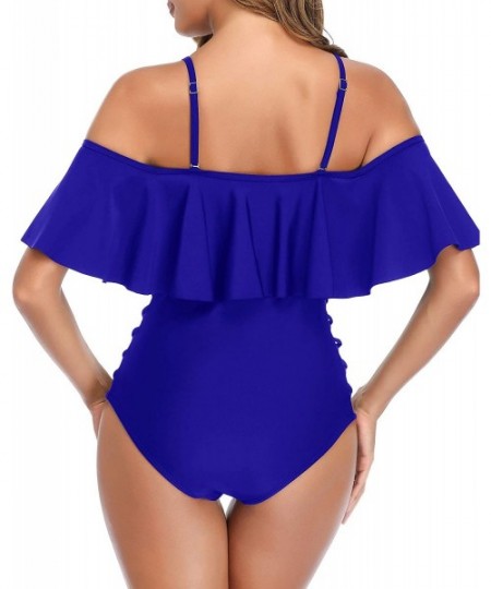 One-Pieces Off The Shoulder One Piece Swimsuits for Women Junior Flounce Bathing Suits Tummy Control Swimwear - Royal Blue - ...