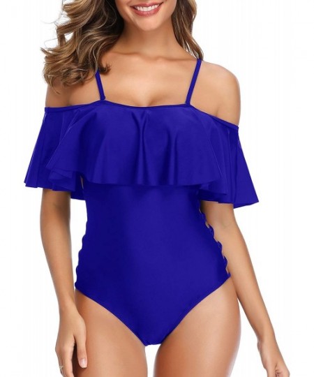 One-Pieces Off The Shoulder One Piece Swimsuits for Women Junior Flounce Bathing Suits Tummy Control Swimwear - Royal Blue - ...