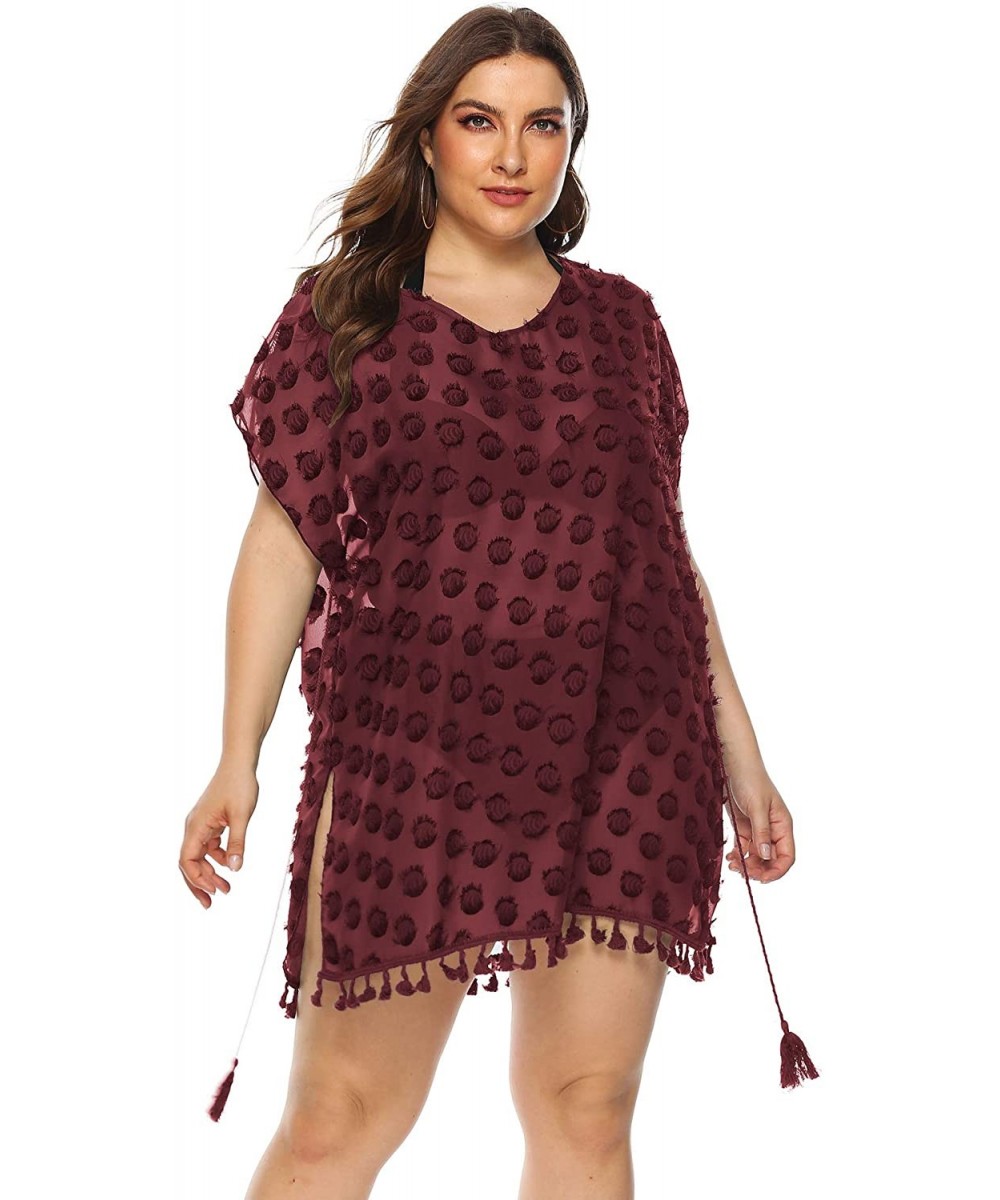 Cover-Ups Women Plus Size Swimwear Cover Ups Sexy Bikini Bathing Suit Beach Dress Swim Coverups for Women - Burgundy2 - CR18U...