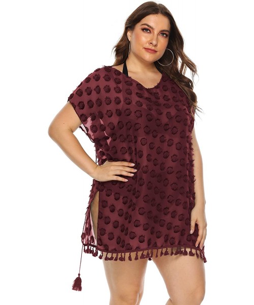 Cover-Ups Women Plus Size Swimwear Cover Ups Sexy Bikini Bathing Suit Beach Dress Swim Coverups for Women - Burgundy2 - CR18U...