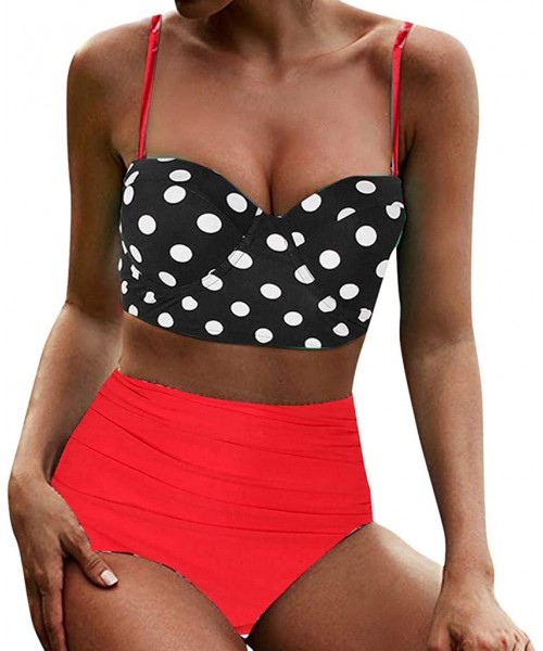 Rash Guards Women's High Waist Bikini Swimwear Women's Vintage Print Beachwear Bikini Set Swimwear - D4-red - CN196MDWL2W