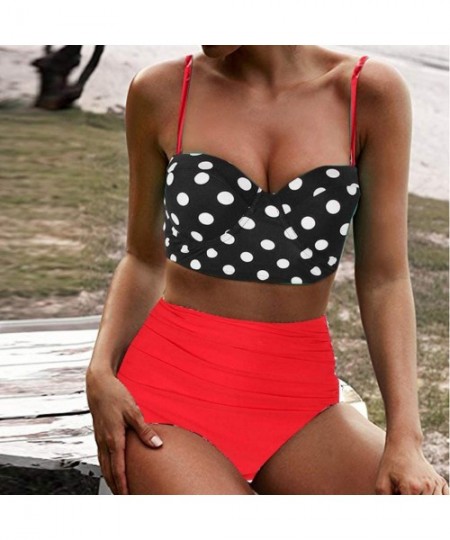 Rash Guards Women's High Waist Bikini Swimwear Women's Vintage Print Beachwear Bikini Set Swimwear - D4-red - CN196MDWL2W