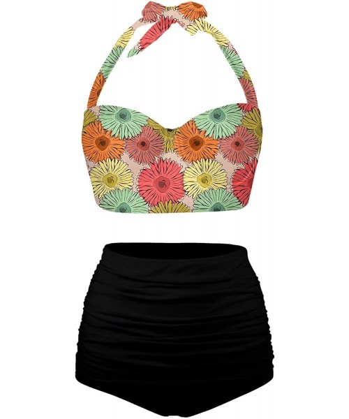 Sets Womens Colorful Sunflowers Botany Print Retro Bikini High Waisted Swimsuits - Multicolored - CV196OW8WWX