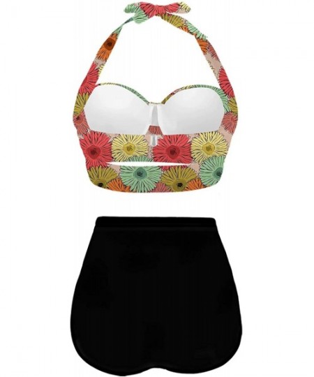 Sets Womens Colorful Sunflowers Botany Print Retro Bikini High Waisted Swimsuits - Multicolored - CV196OW8WWX