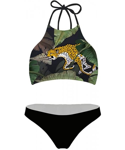 Sets Women Fashion Allover Printing High Neck Brazilian Bikinis Padded Swimsuit Cheeky Bottoms - Leopard 1 - C018R5HQC8I