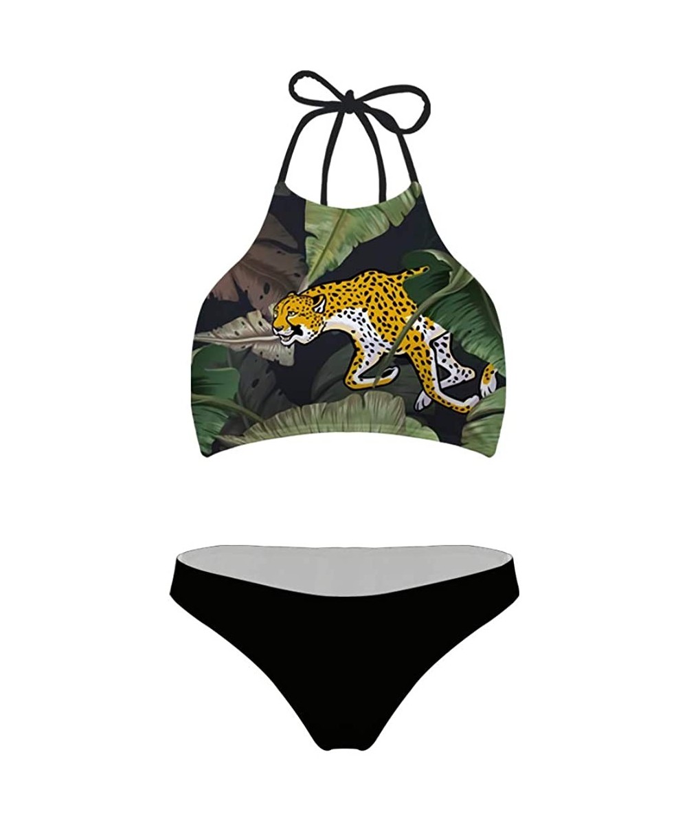 Sets Women Fashion Allover Printing High Neck Brazilian Bikinis Padded Swimsuit Cheeky Bottoms - Leopard 1 - C018R5HQC8I