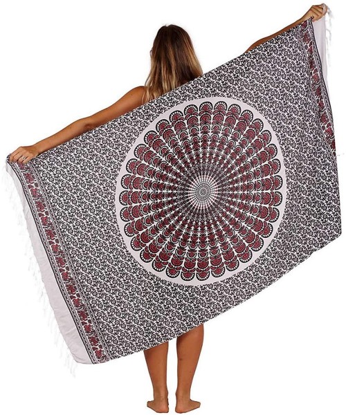 Cover-Ups Colorful Bohemian Style Mandala Printed Beach Wrap Sarong with - Red/White - CP19DIHH2O2