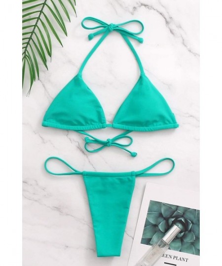 Sets Bikini Set Bandage Solid Brazilian Swimwear Two Pieces Swimsuit Padded Thong Bathing Suits Bikinis Set Lake Green - C418...