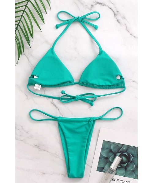 Sets Bikini Set Bandage Solid Brazilian Swimwear Two Pieces Swimsuit Padded Thong Bathing Suits Bikinis Set Lake Green - C418...