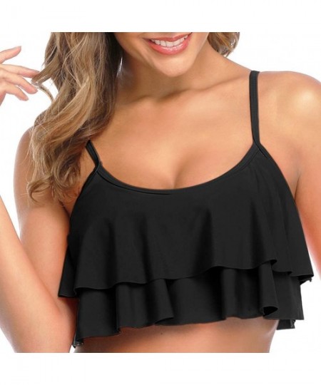 Tops Women's Bikini Top Tassel Flounce Swimsuit Ruffled Bathing Suits - Black-layer Ruffle - CA19DD4Y48U