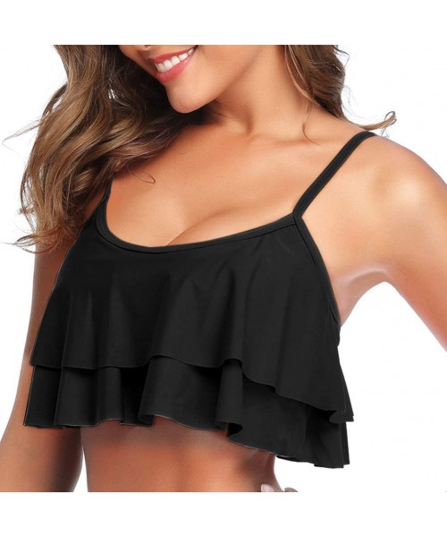 Tops Women's Bikini Top Tassel Flounce Swimsuit Ruffled Bathing Suits - Black-layer Ruffle - CA19DD4Y48U