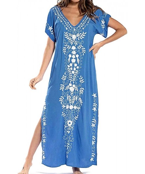 Cover-Ups Women Swimsuit Cover Up Loose Kaftans Kimono Beach Bathing Suit Casual Dresses - Blue White - CL19498O6LD