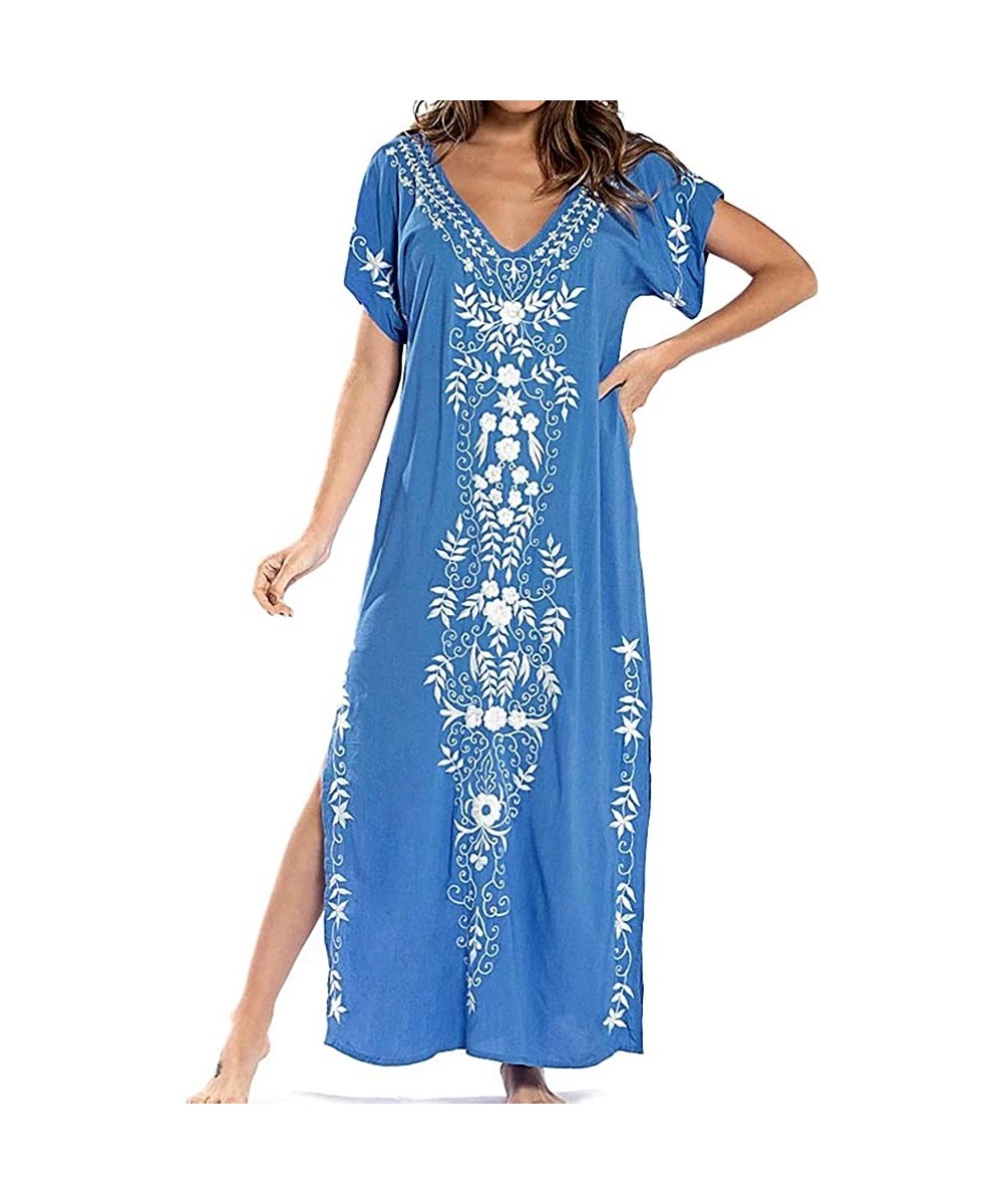 Cover-Ups Women Swimsuit Cover Up Loose Kaftans Kimono Beach Bathing Suit Casual Dresses - Blue White - CL19498O6LD