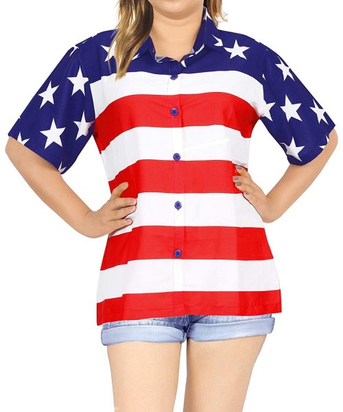 Cover-Ups Women's American Flag Hawaiian Shirt Button Down Short Sleeve Shirt - Spooky Red_aa293 - CB19DTT02YH