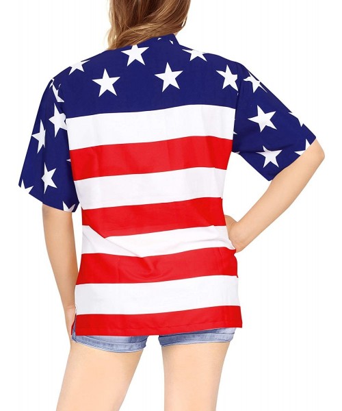 Cover-Ups Women's American Flag Hawaiian Shirt Button Down Short Sleeve Shirt - Spooky Red_aa293 - CB19DTT02YH