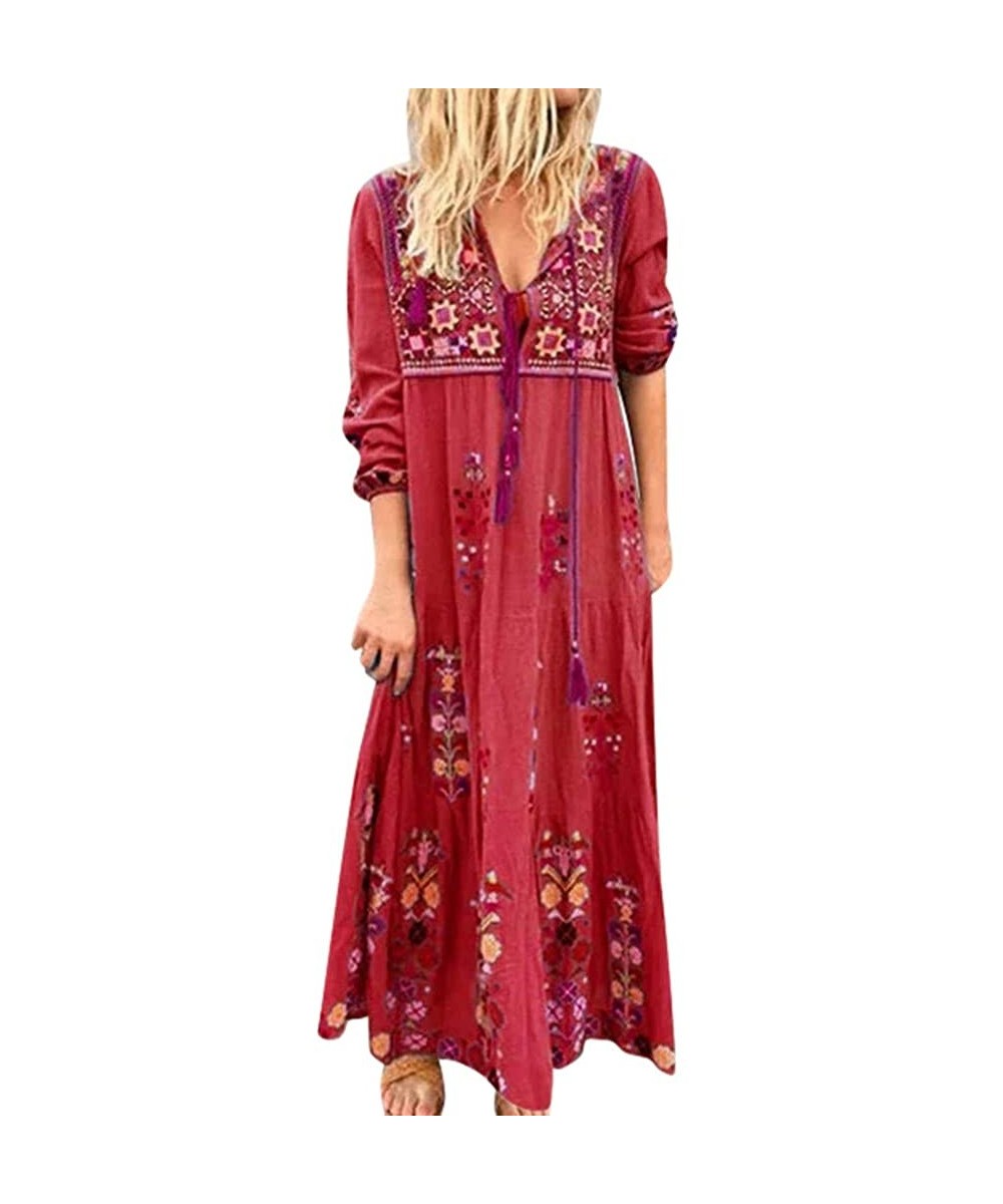 Cover-Ups Women's Summer Short Sleeve V-Neck Floral Party Long Dress Summer Beach Sundress Casual Loose Maxi Dress - Z7-red -...