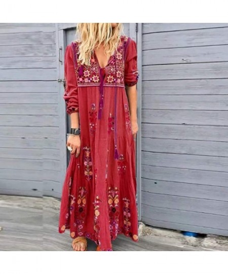 Cover-Ups Women's Summer Short Sleeve V-Neck Floral Party Long Dress Summer Beach Sundress Casual Loose Maxi Dress - Z7-red -...