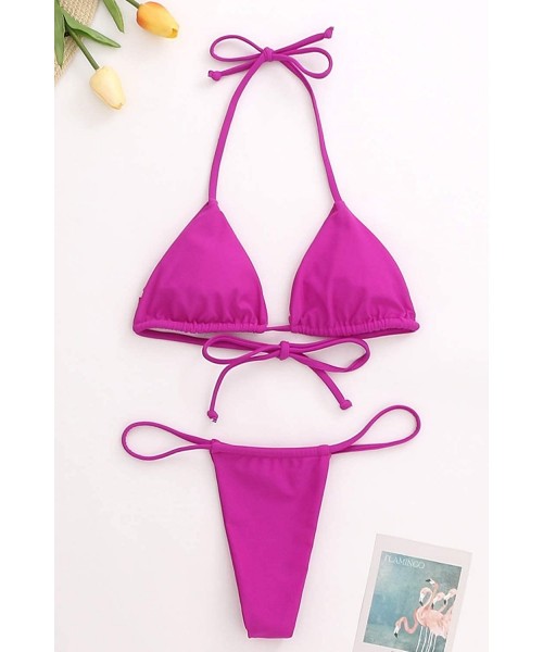 Sets Bikini Set Bandage Solid Brazilian Swimwear Two Pieces Swimsuit Padded Thong Bathing Suits - Romantic Purple - CJ196XN7ZD2