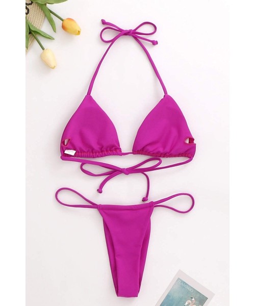 Sets Bikini Set Bandage Solid Brazilian Swimwear Two Pieces Swimsuit Padded Thong Bathing Suits - Romantic Purple - CJ196XN7ZD2