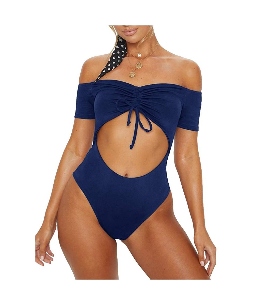 Sets Womens 2 Piece Bikini Swimsuit Wrap Lace Up Cutout Solid Color High Waisted V-Neck Swimsuit - Za-dark Blue - CI18RYXEGWK