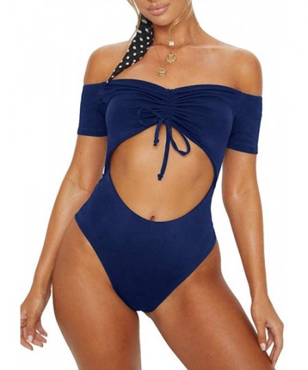 Sets Womens 2 Piece Bikini Swimsuit Wrap Lace Up Cutout Solid Color High Waisted V-Neck Swimsuit - Za-dark Blue - CI18RYXEGWK