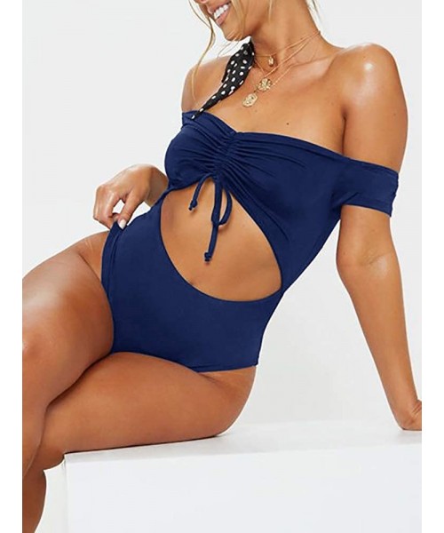 Sets Womens 2 Piece Bikini Swimsuit Wrap Lace Up Cutout Solid Color High Waisted V-Neck Swimsuit - Za-dark Blue - CI18RYXEGWK