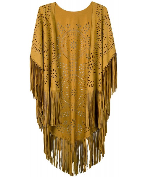 Cover-Ups Women's Faux Suede Kimono Cape Fringed Asymmetric Cover up Shawl - Yellow - CO18SM88R25