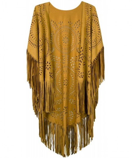 Cover-Ups Women's Faux Suede Kimono Cape Fringed Asymmetric Cover up Shawl - Yellow - CO18SM88R25