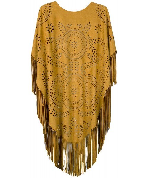 Cover-Ups Women's Faux Suede Kimono Cape Fringed Asymmetric Cover up Shawl - Yellow - CO18SM88R25