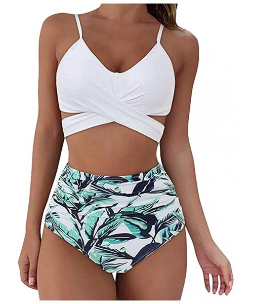 Sets Women's Leaf Print Lace Up Ruched High Waisted Tankini Set Swimsuit Beach Swimwear High Waisted Bikini - White - C5190HS...