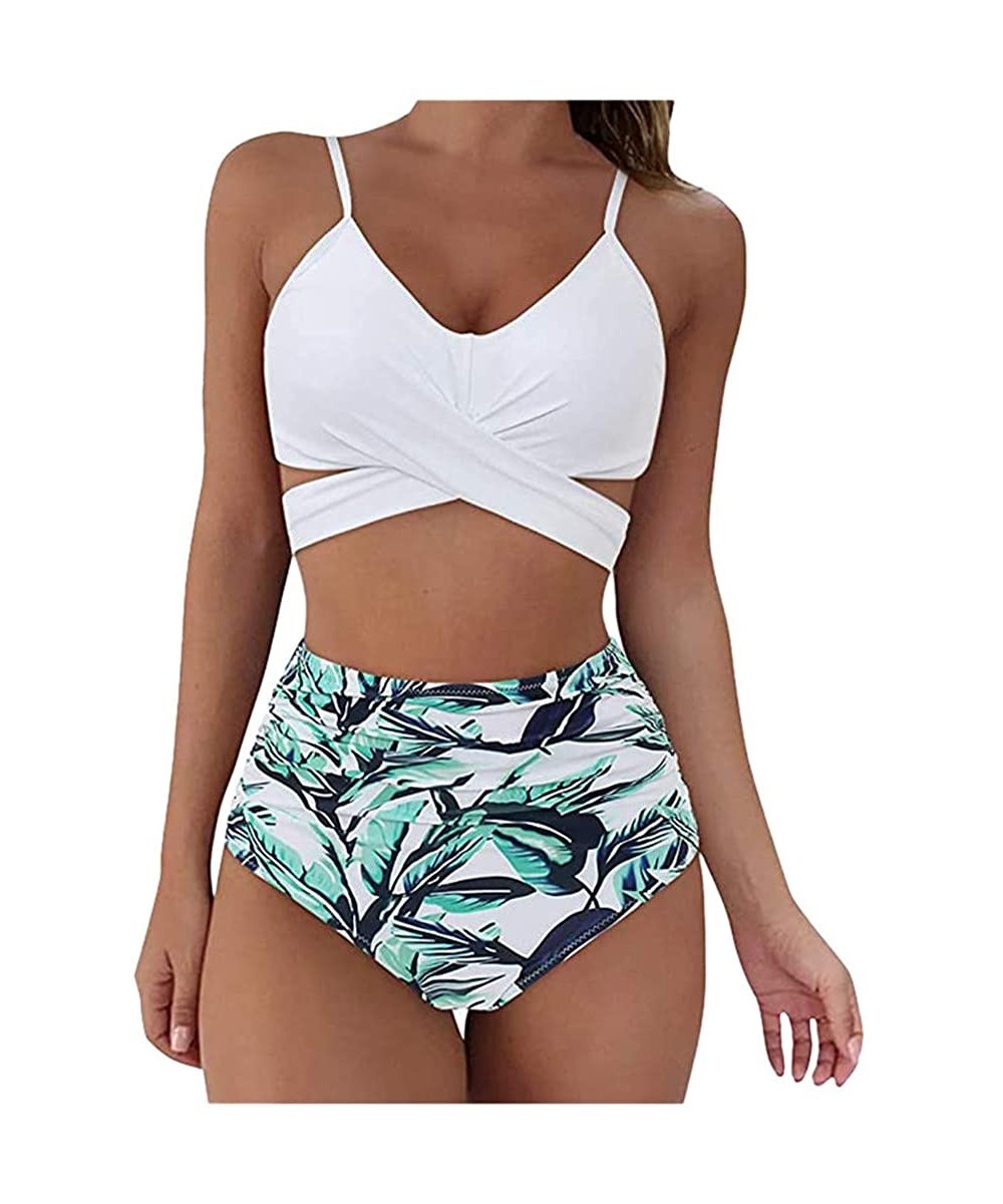 Sets Women's Leaf Print Lace Up Ruched High Waisted Tankini Set Swimsuit Beach Swimwear High Waisted Bikini - White - C5190HS...