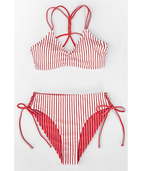 Tops Women's Back Braided Straps Reversible Bottem Strappy Lace Up Bikini Sets - Red Stripe - CE199XR6OSH