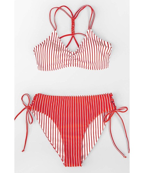 Tops Women's Back Braided Straps Reversible Bottem Strappy Lace Up Bikini Sets - Red Stripe - CE199XR6OSH