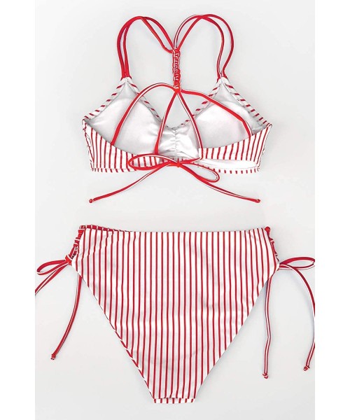 Tops Women's Back Braided Straps Reversible Bottem Strappy Lace Up Bikini Sets - Red Stripe - CE199XR6OSH