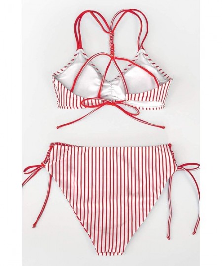 Tops Women's Back Braided Straps Reversible Bottem Strappy Lace Up Bikini Sets - Red Stripe - CE199XR6OSH