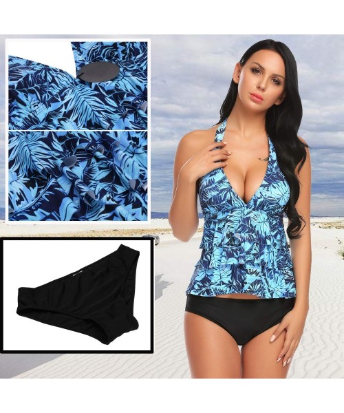 One-Pieces Women Ruffle Halter Tankini Top and Skort Bottom Two Piece Tankini Sets Bathing Suits - Acid Blue - CB188YSHESA