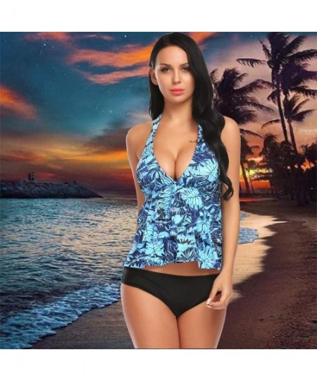 One-Pieces Women Ruffle Halter Tankini Top and Skort Bottom Two Piece Tankini Sets Bathing Suits - Acid Blue - CB188YSHESA