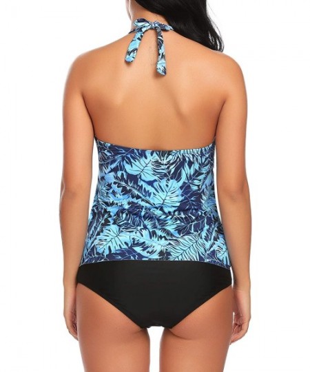 One-Pieces Women Ruffle Halter Tankini Top and Skort Bottom Two Piece Tankini Sets Bathing Suits - Acid Blue - CB188YSHESA