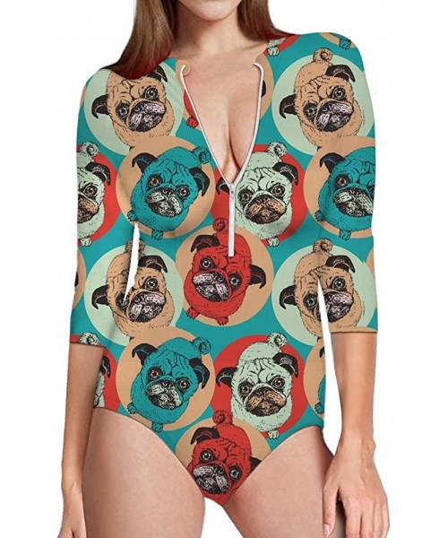 One-Pieces Sexy Womens Zip Front Rashguard 3/4 Sleeve Swimsuit Sun Protection Beachwear - Pug Pop Art - CA18OU2YT9L