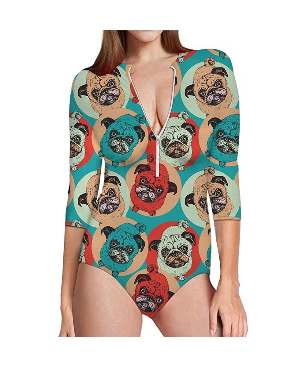 One-Pieces Sexy Womens Zip Front Rashguard 3/4 Sleeve Swimsuit Sun Protection Beachwear - Pug Pop Art - CA18OU2YT9L