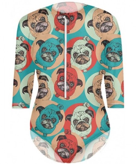 One-Pieces Sexy Womens Zip Front Rashguard 3/4 Sleeve Swimsuit Sun Protection Beachwear - Pug Pop Art - CA18OU2YT9L