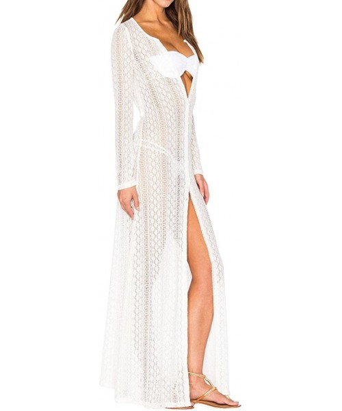 Cover-Ups Women's Lace Long Kimono Cardigan Maxi Bikini Swimsuit Cover Up - Cardigan White - CP17Y29HDSZ