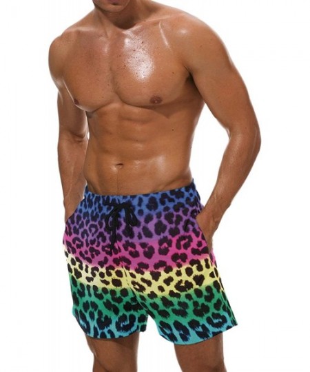 Board Shorts Mens Peacock Feather Colorful Print Summer Casual Quick-Dry Cargo Shorts Swim Trunks - Rainbow Leopard Prints Pr...