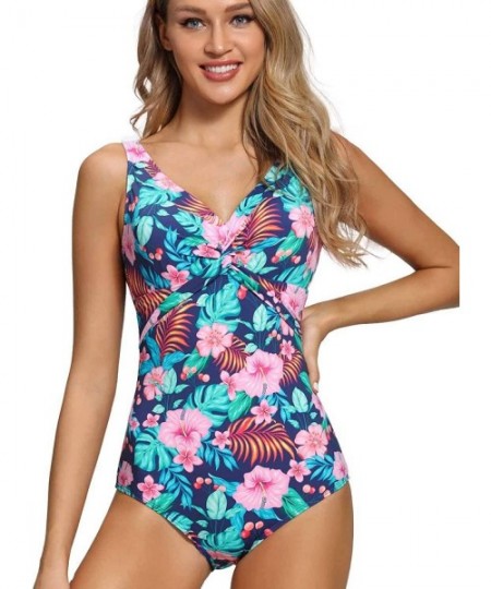 One-Pieces One Piece Swimsuits for Women - Soft and Colorful Floral Design - Multicolored Navy - CR19993MQHE